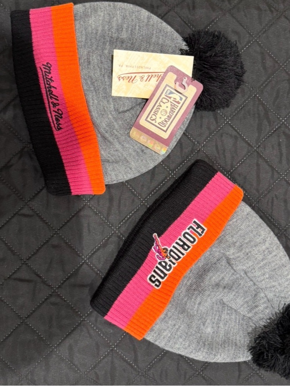 Mitchell & Ness Gray Beanie with Pink, Orange & Black Accents